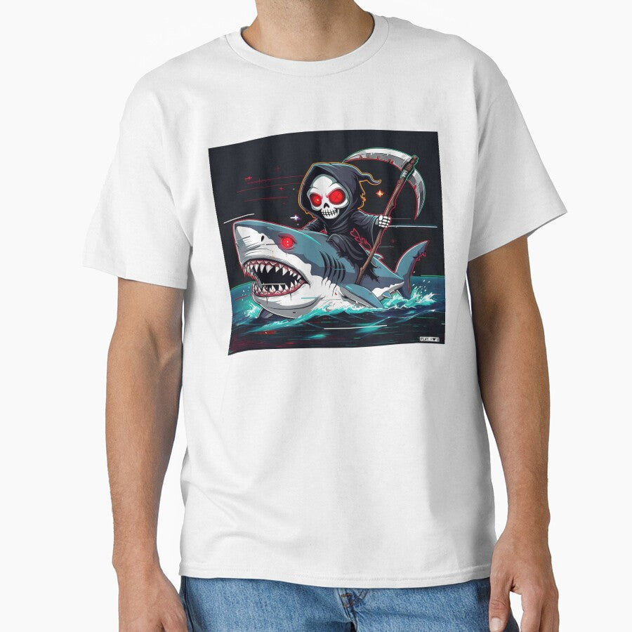 Chibi Grim Reaper Riding Glitch Shark – Retro VHS Horror Cute Aesthetic Sticker by ChibiChaoss