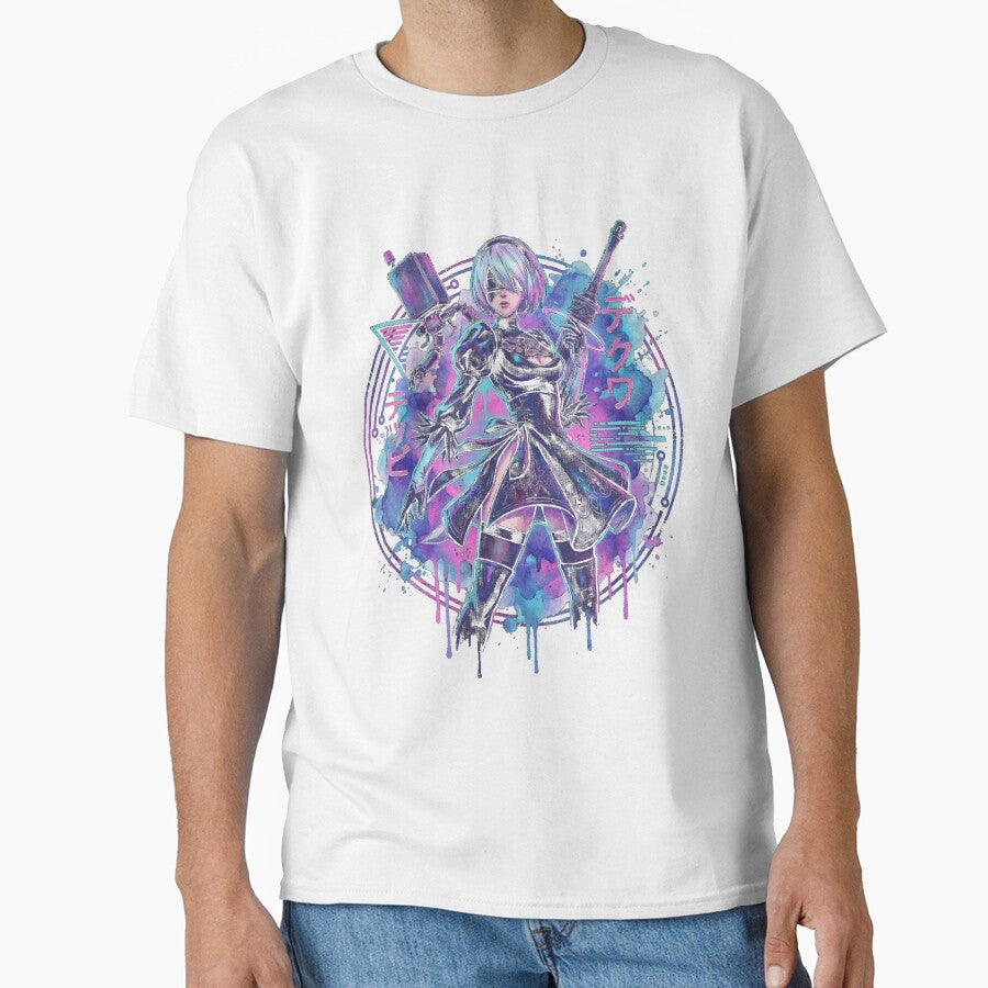 NieR Automata 2B Vaporwave Glitch Palm Sunset Neon Grid Art by Senpaiwaves