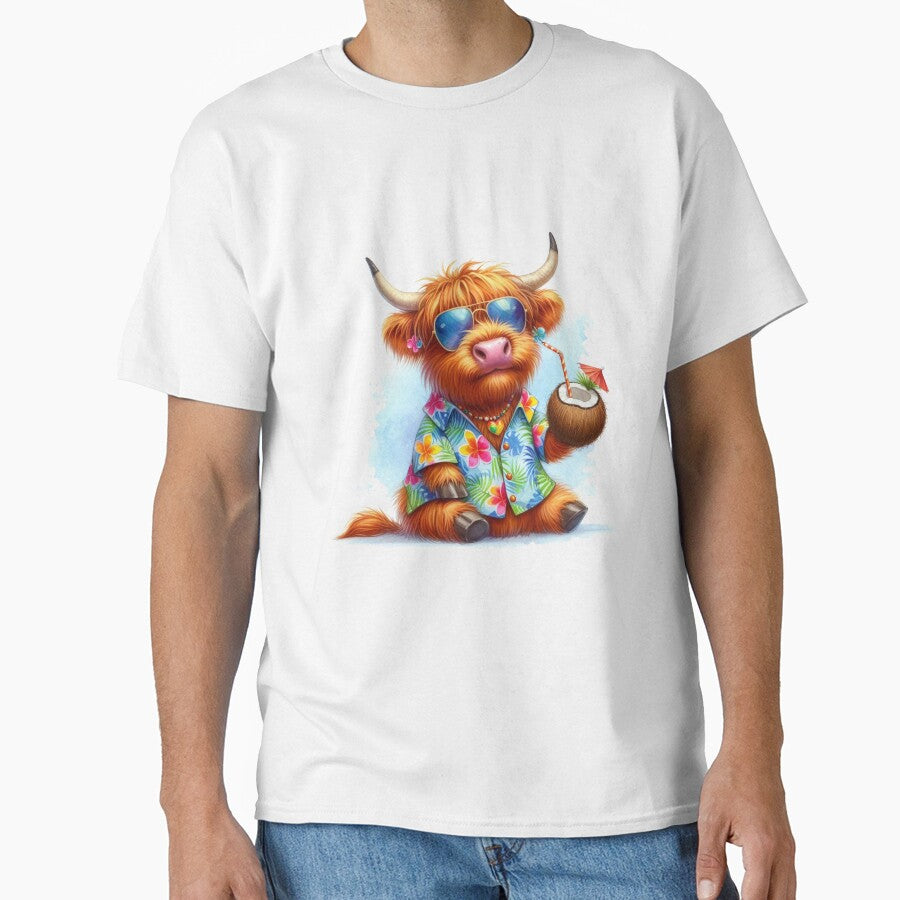 Scottish Highland Cow on Tropical Vacation Drinking a Cocktail in Shades in a Hawaiian Shirt Colorful Watercolor by MaedK