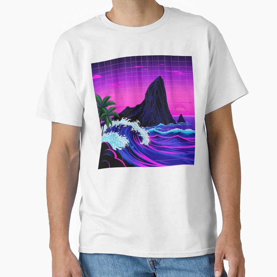 Neon Synthwave Ocean Waves Retro Sunset Vaporwave Art by EllDAV777