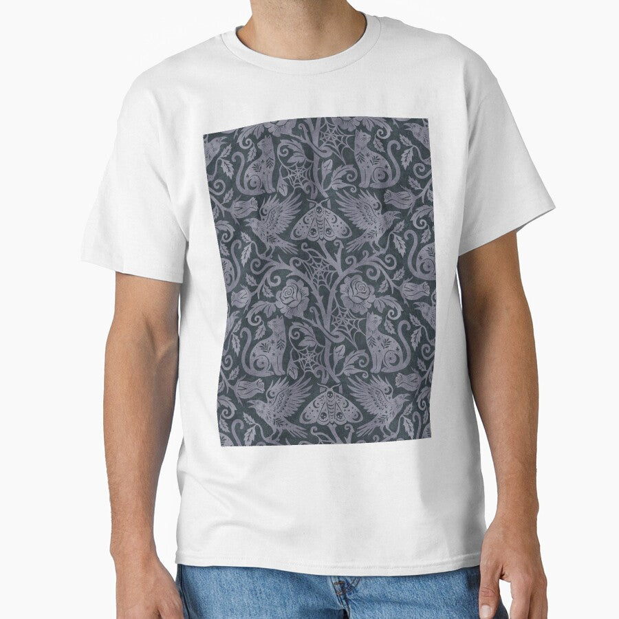 Ornate Gothic Cats Ravens Moths And Roses In Plum On Charcoal by EliveraDesigns