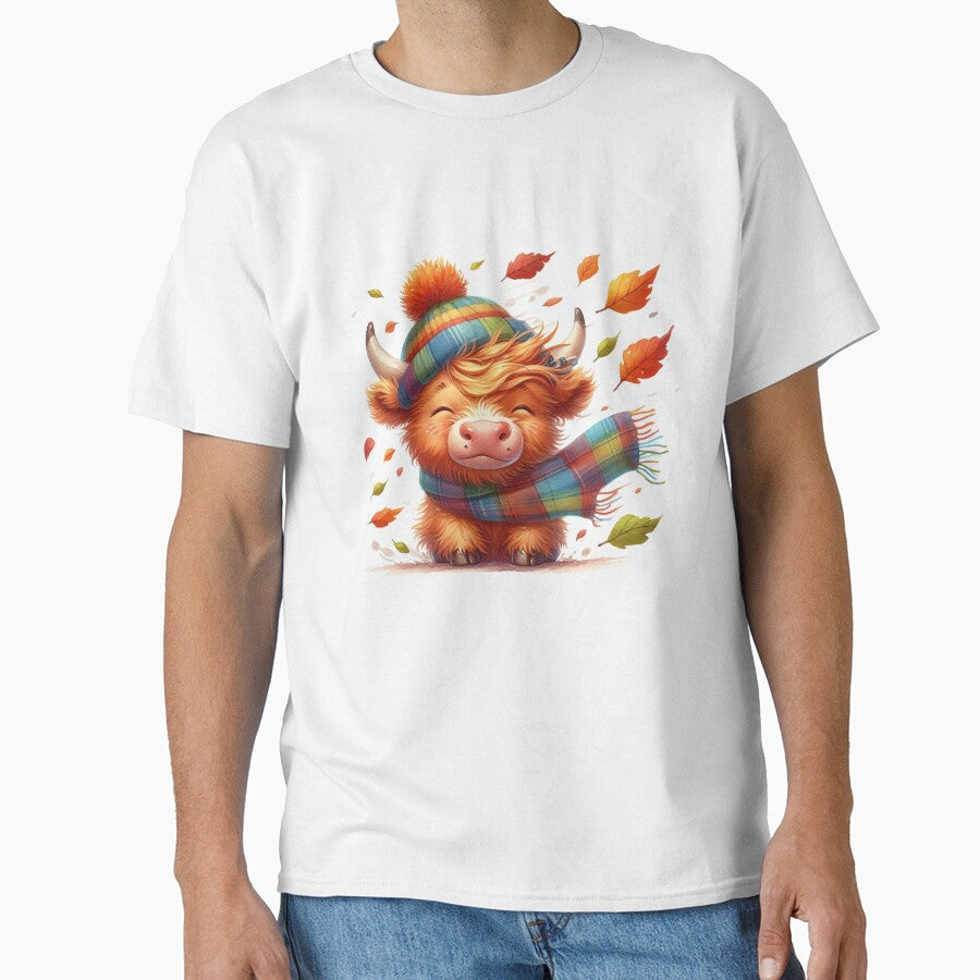 Cute Scottish Highland Cow Windy Fall Season Autumn Leaves Colorful Watercolor by MaedK