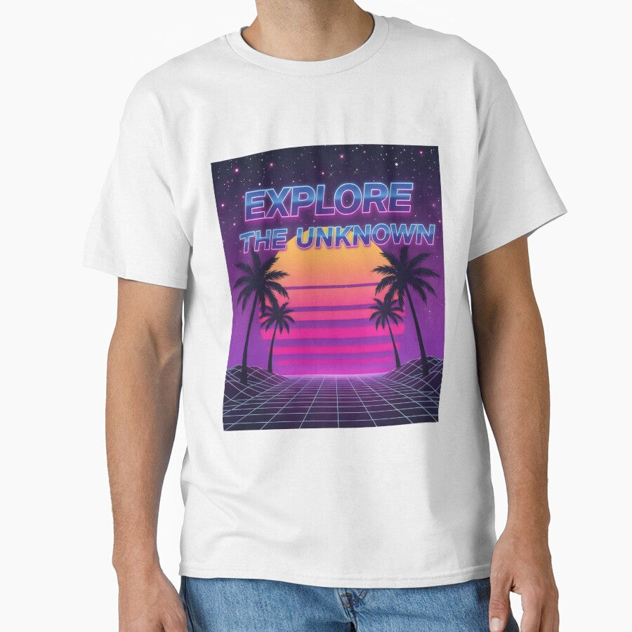 Explore the Unknown Synthwave Sunset Design with Grid, Palms and Retro Neon Vibes by SplashTastic