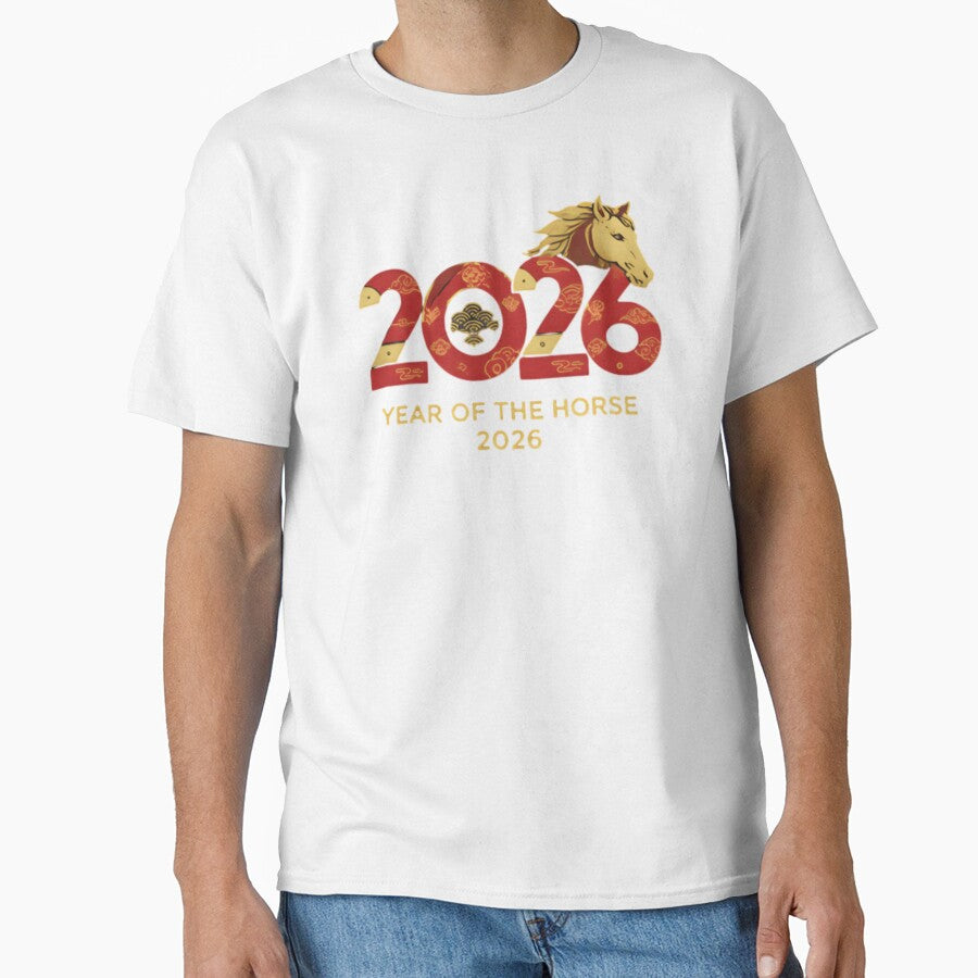 2026 Year of the Horse T-Shirt | Lunar New Year Chinese Zodiac Horse | Red Gold Festive Tee by ZyxDes