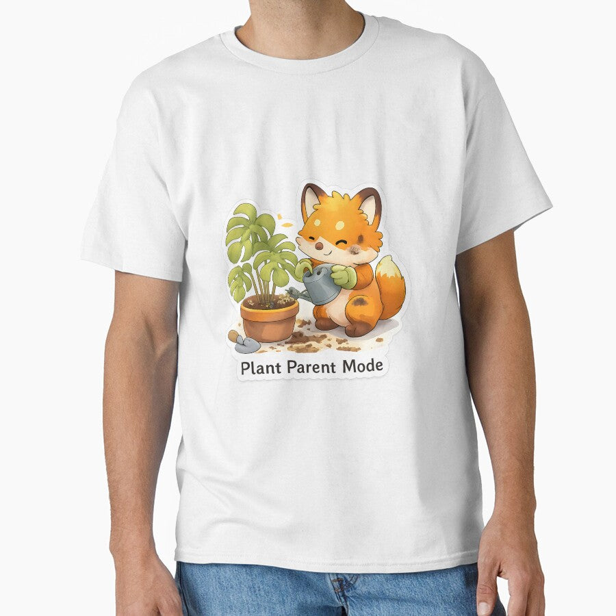 Plant Parent Mode – Cute Kawaii Fox Watering Houseplants Art by Still Breathing Studio