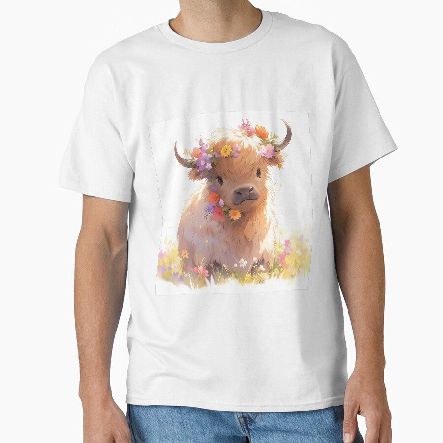 Cute highland cow calf baby in kawaii manga anime flower style by WallyPink