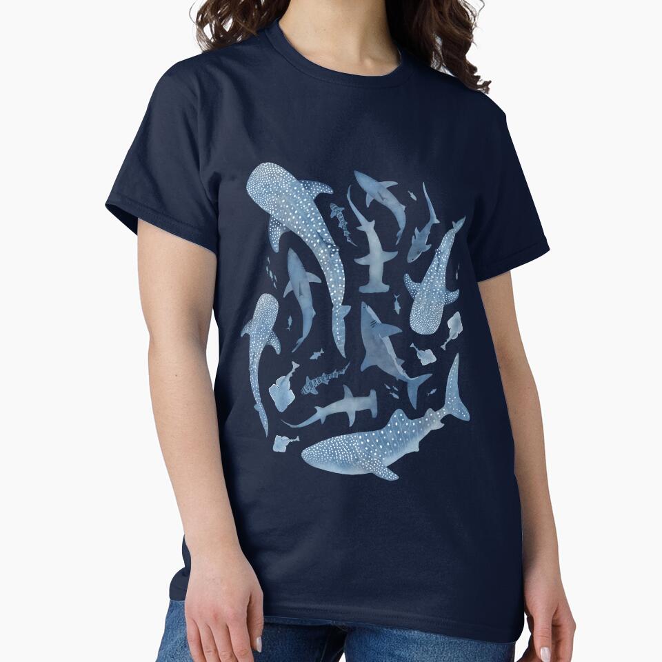 Monochrome blue watercolour shark ocean on black by adenaJ