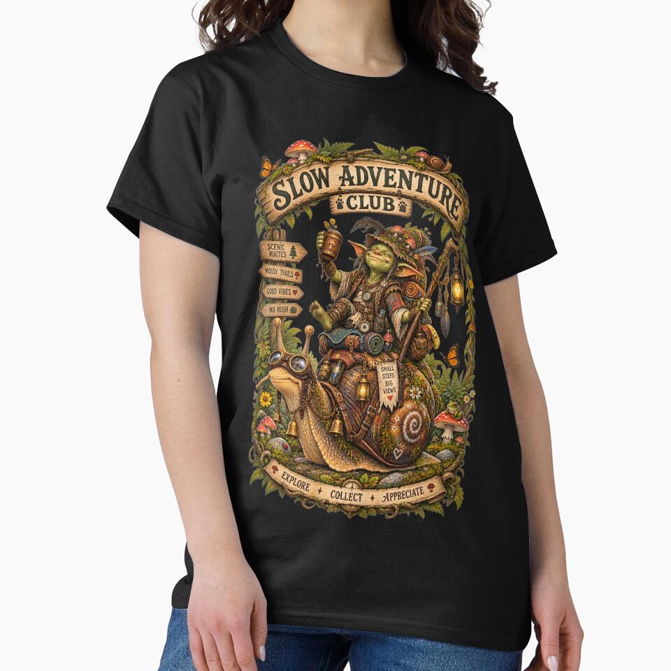 Slow Adventure Club T-Shirt Snail Road Trip Camping Graphic Tee by LintonGriffin