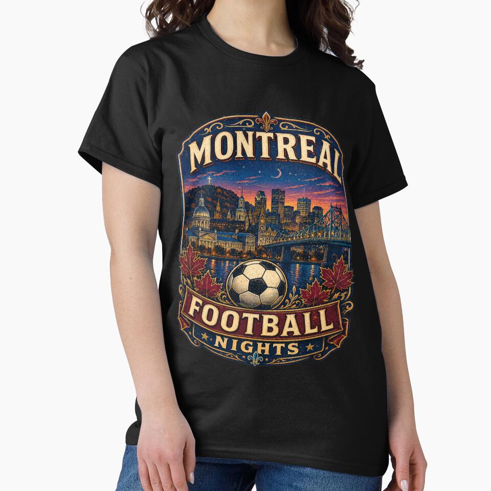 Montreal Football Nights Retro Soccer Travel Shirt | Vintage Canada Skyline Soccer Fan Gift | Maple Leaf City Travel Poster by Globalcitytees