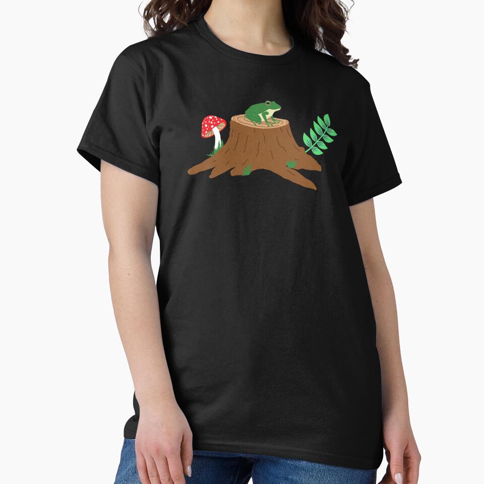 Frog on a tree stump with a mushroom by Jennifer Ladd