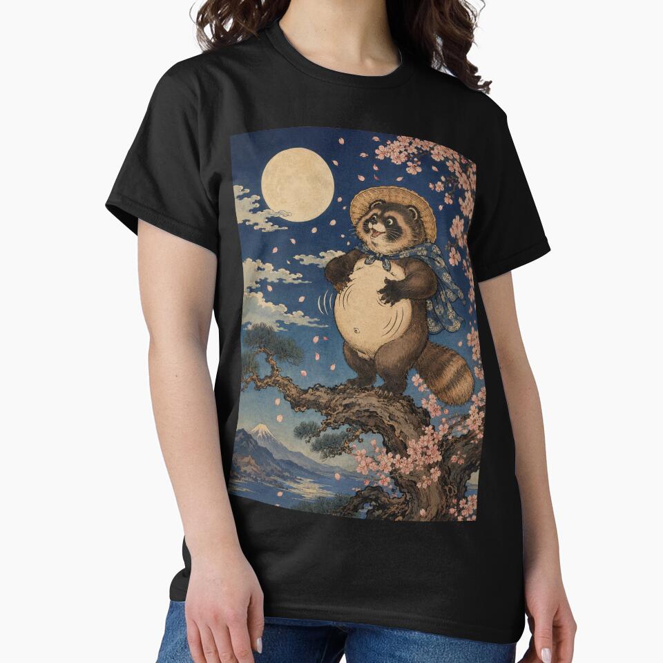 Moonlight Drummer - Vintage Japanese Tanuki Ukiyo-e Woodblock by bapupa