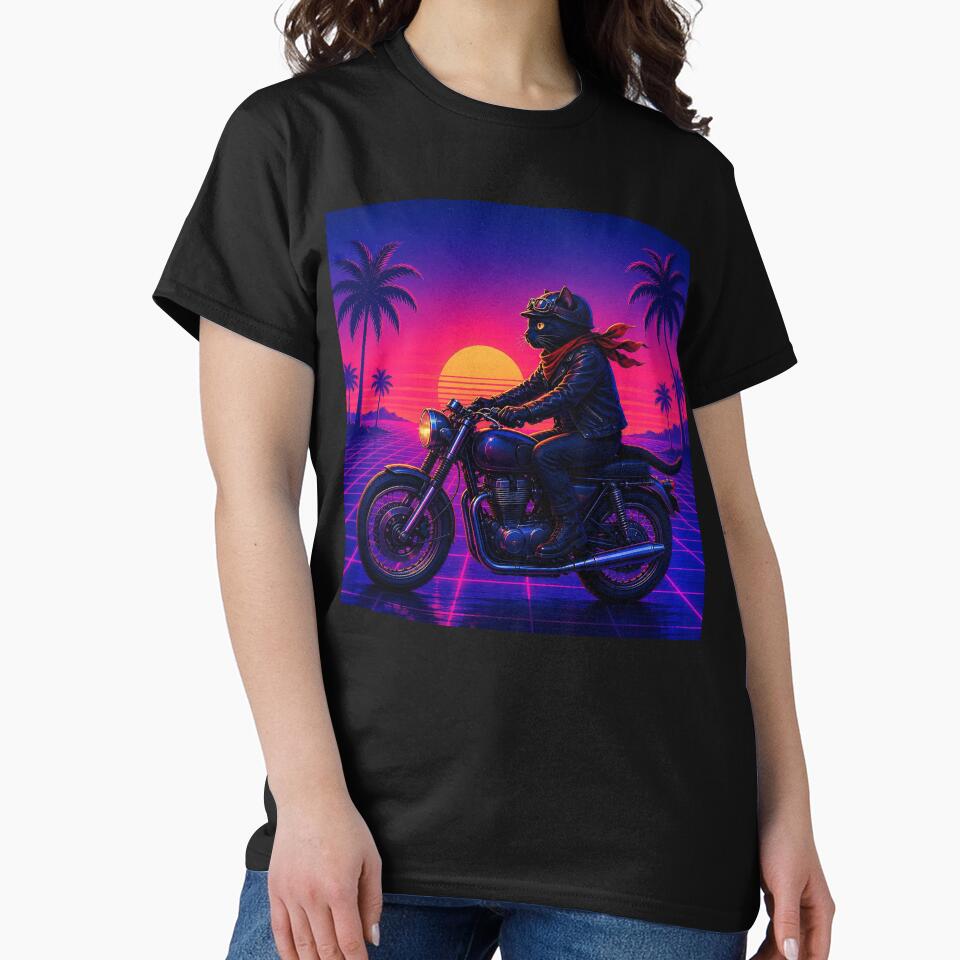 Synthwave Cat Rider – Retro Motorcycle Artwork by Dogandesighn