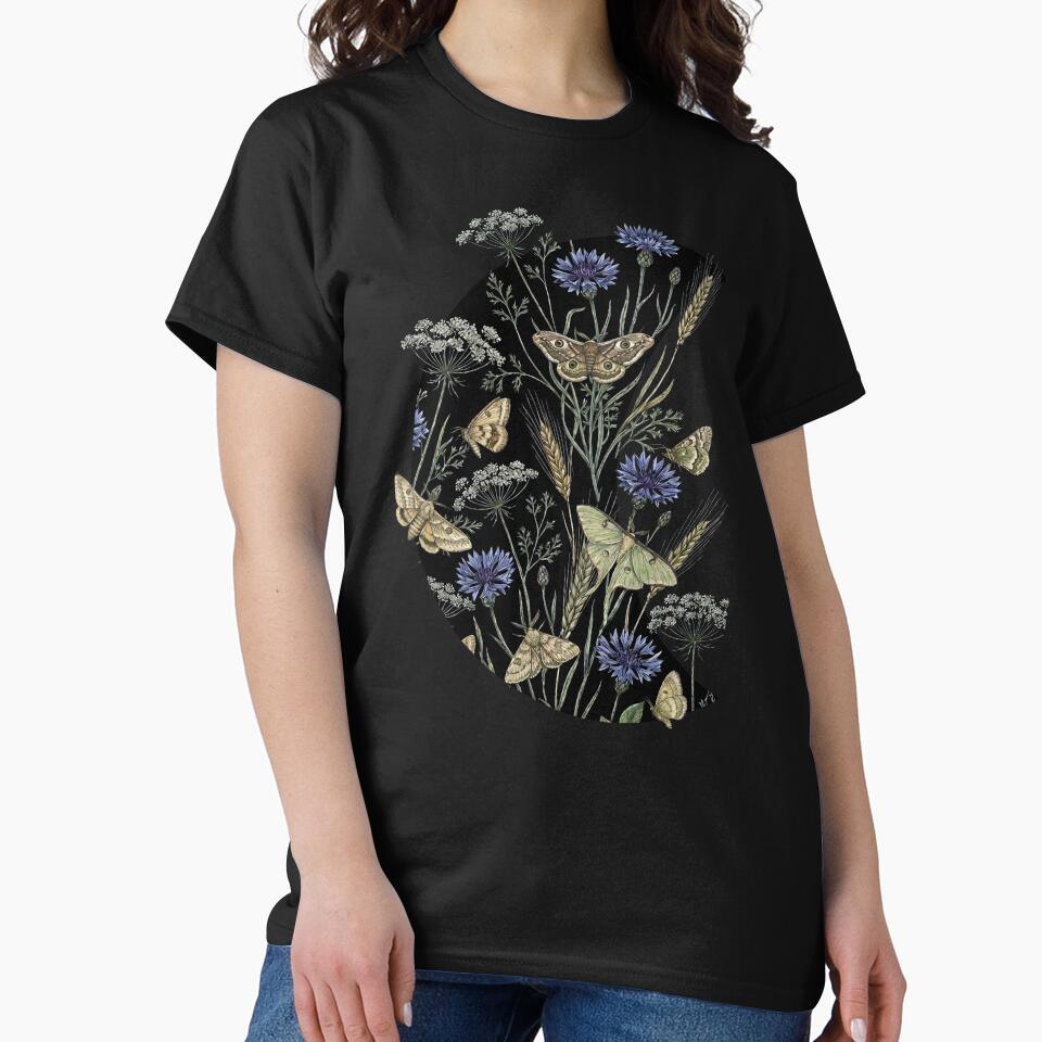 Dark Enchanted Night Garden Moth and Wildflower Pattern by LinaValearte
