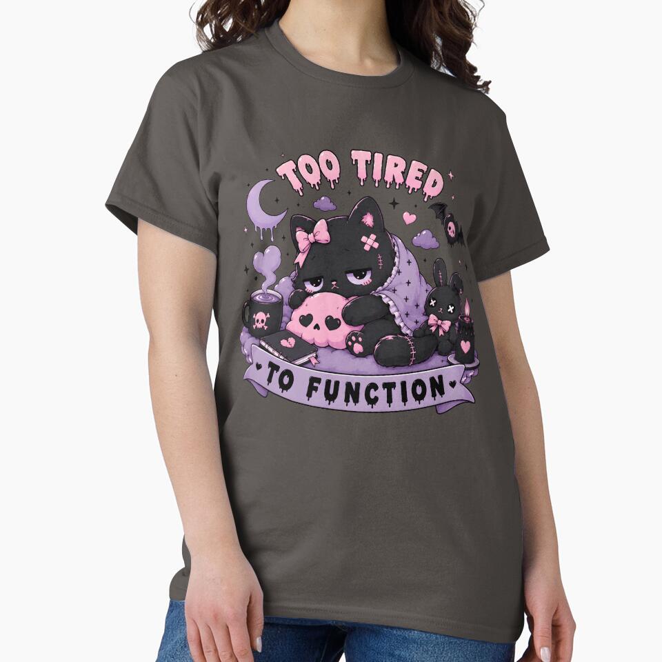 Too Tired To Function – Cute Pastel Goth Black Cat | Kawaii Gothic Aesthetic T-Shirt by JMP-Designs EU