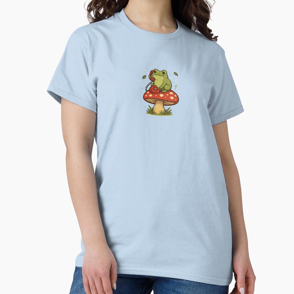 Frog on a Mushroom Call – Cute Whimsical Nature Art by thenicequote
