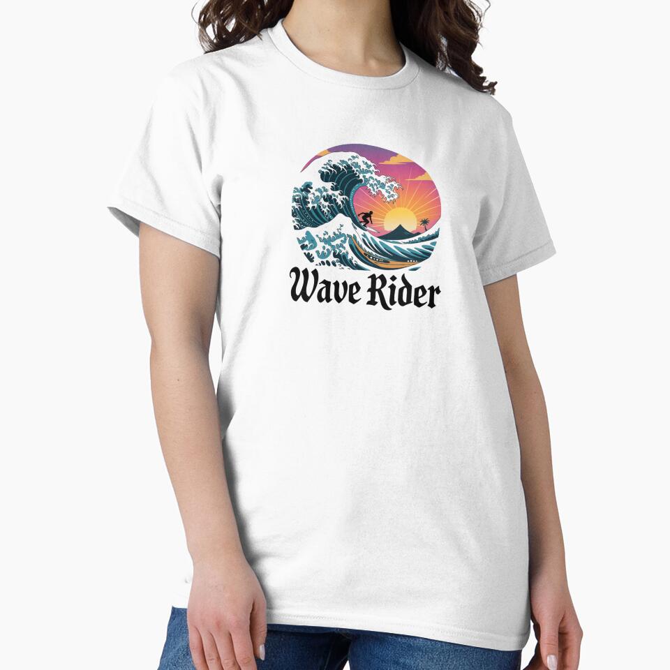 Wave Rider – Sunset Surfing Scene with Mountain & Palm Tree by teevoxx
