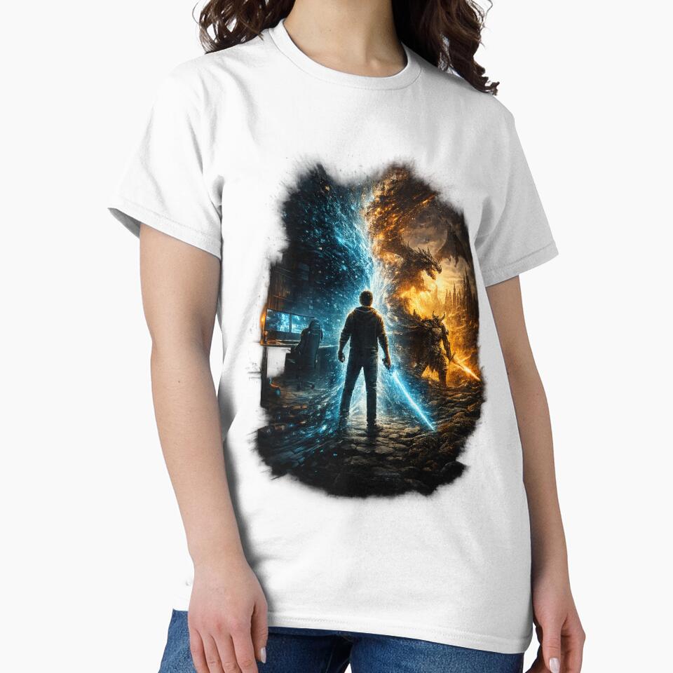 Between Worlds – Gamer vs Dragon Fantasy Artwork | Dark Gaming T-Shirt by VireonTees