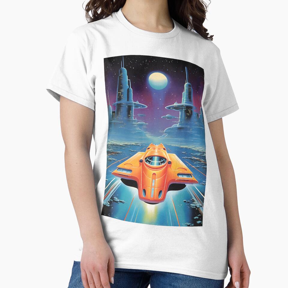 Orange Retro Futuristic Spaceship Flies at High Speed over the Surface of the Planet by Je-we