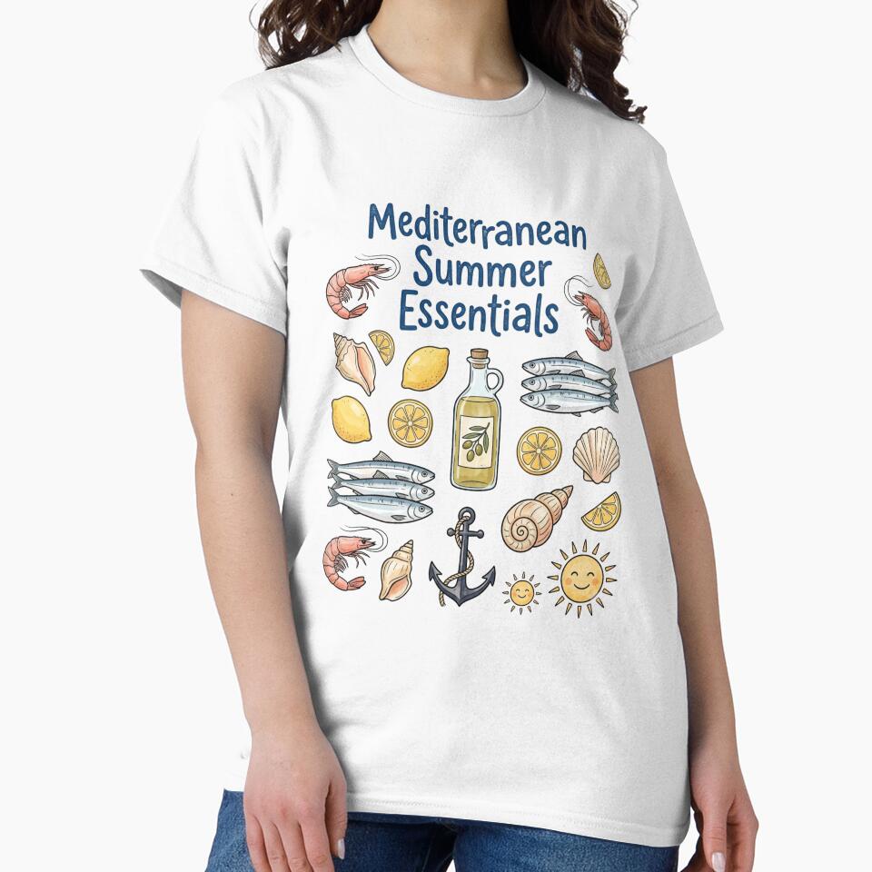 Mediterranean Summer Essentials Shirt - Cute Italian Coastal Collage Graphic Tee - Retro Seafood and Citrus T-Shirt, Sardine Shrimp Lemon Apparel, Euro Summer Gift by justyna-s28