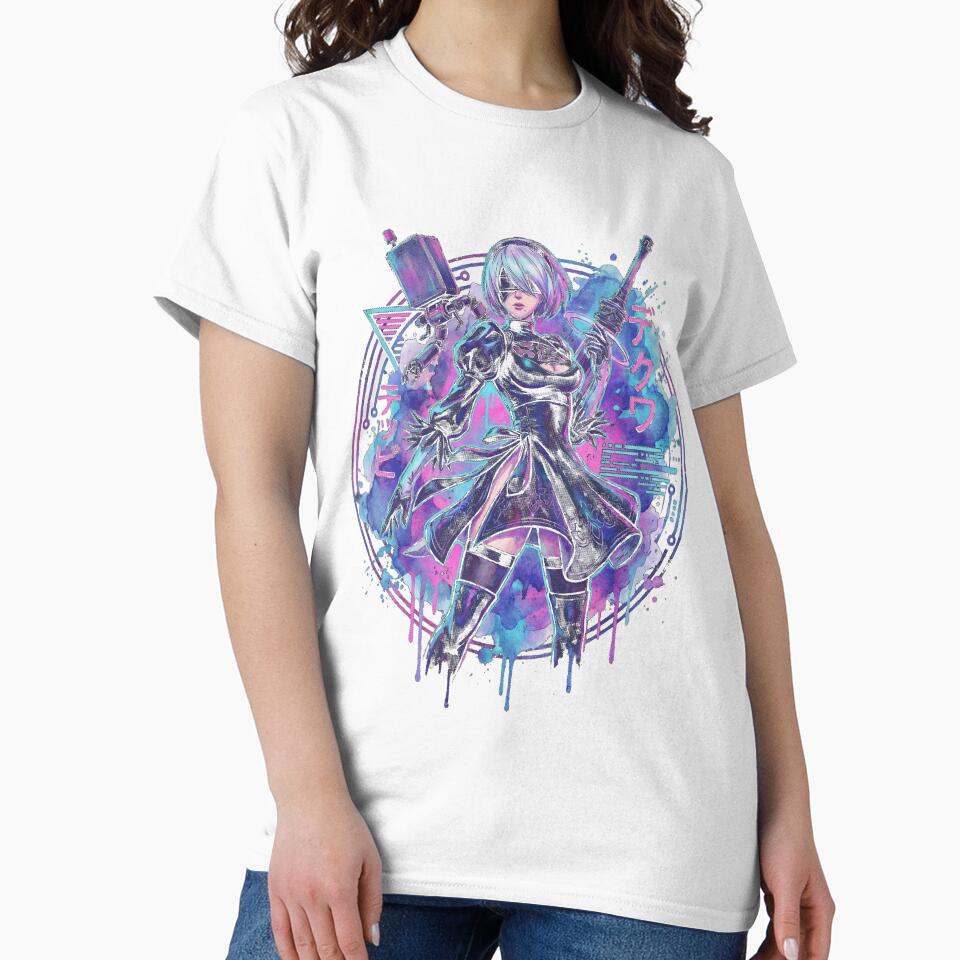 NieR Automata 2B Vaporwave Glitch Palm Sunset Neon Grid Art by Senpaiwaves