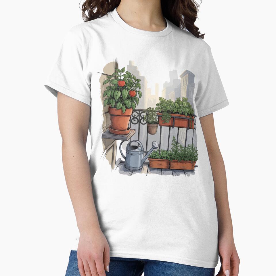 Urban Balcony Garden Scene – Peaceful City Gardening Illustration by Timeless Design