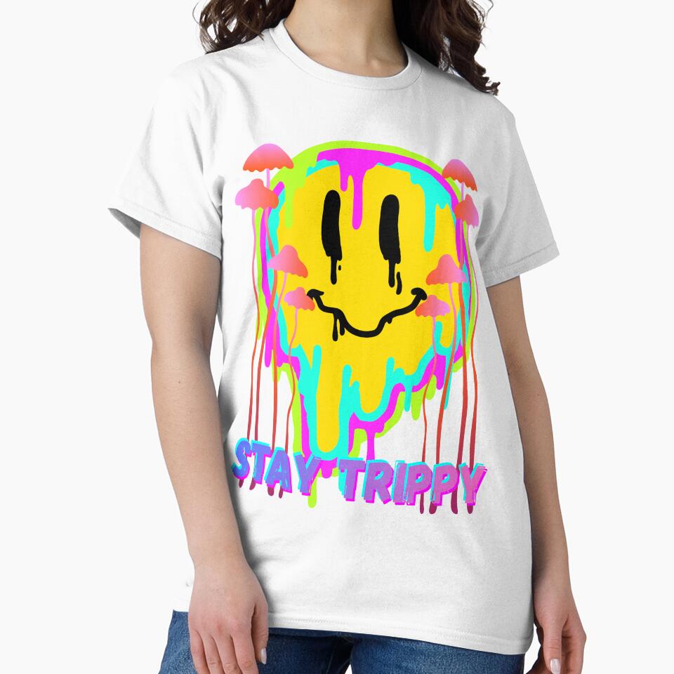 Stay Trippy Psychedelic Smiley Face – Neon Drip Mushroom Art by Painted Moon by Luna Bee™