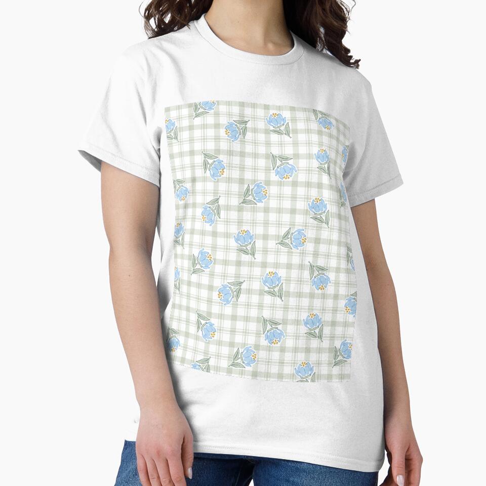 Cottage Blue Flowers On Gingham Checkered Grid In Blue And Green by EliveraDesigns