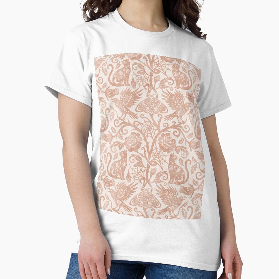 Ornate Gothic Cats Ravens Moths And Roses In Golden Beige On Cream by EliveraDesigns