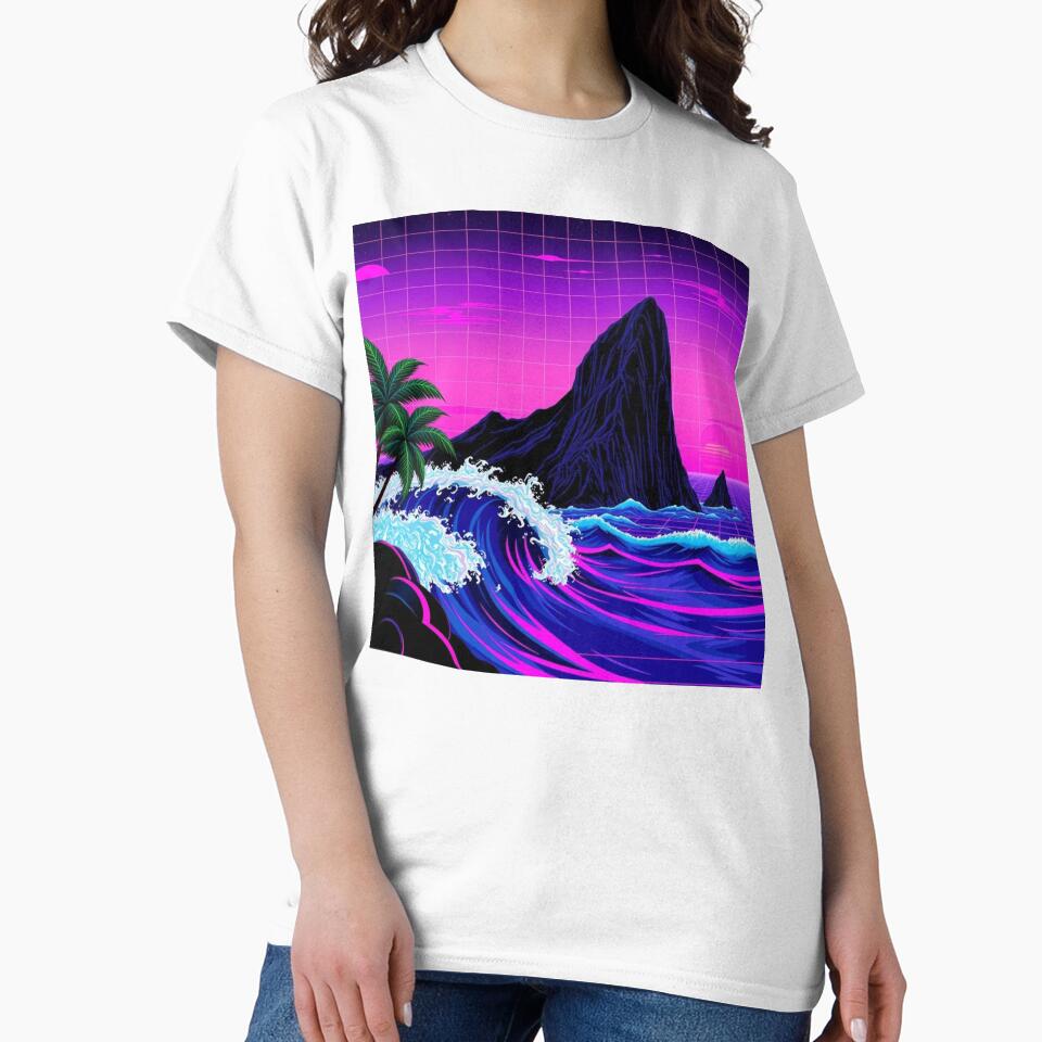 Neon Synthwave Ocean Waves Retro Sunset Vaporwave Art by EllDAV777