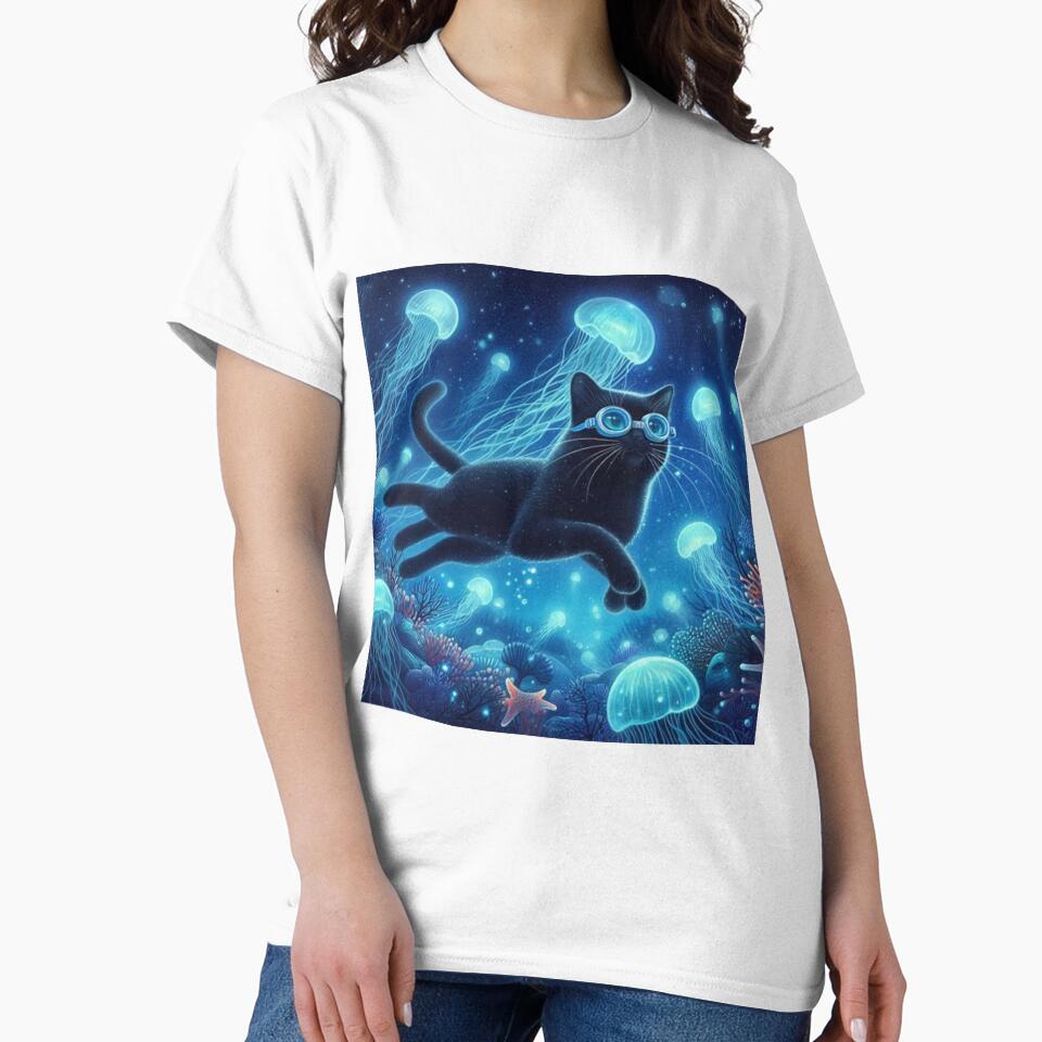 jellyfish on the ocean floor with curious black cat by Zelda50