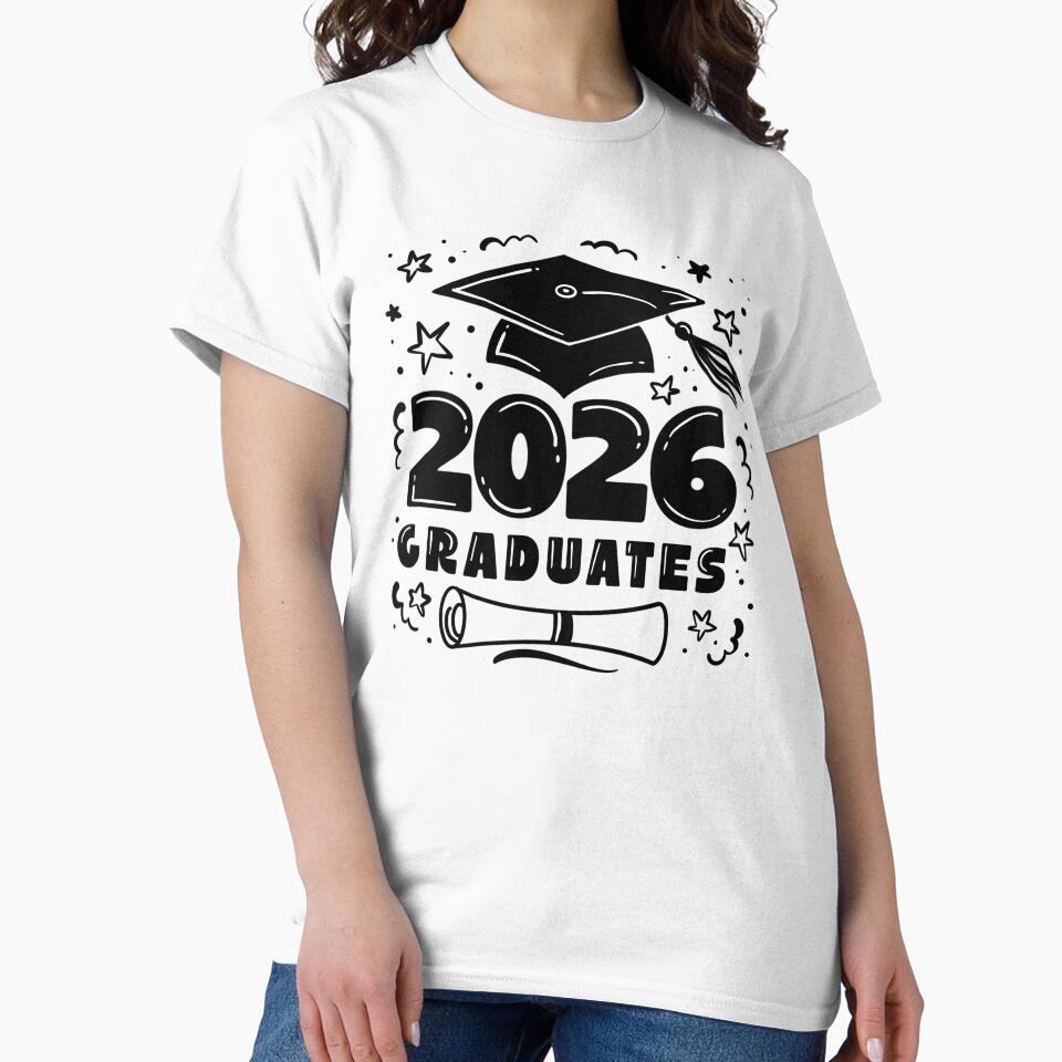 Graduates 2026, school sticker, print, congrats, black and white t-shirt print by NatalkaP