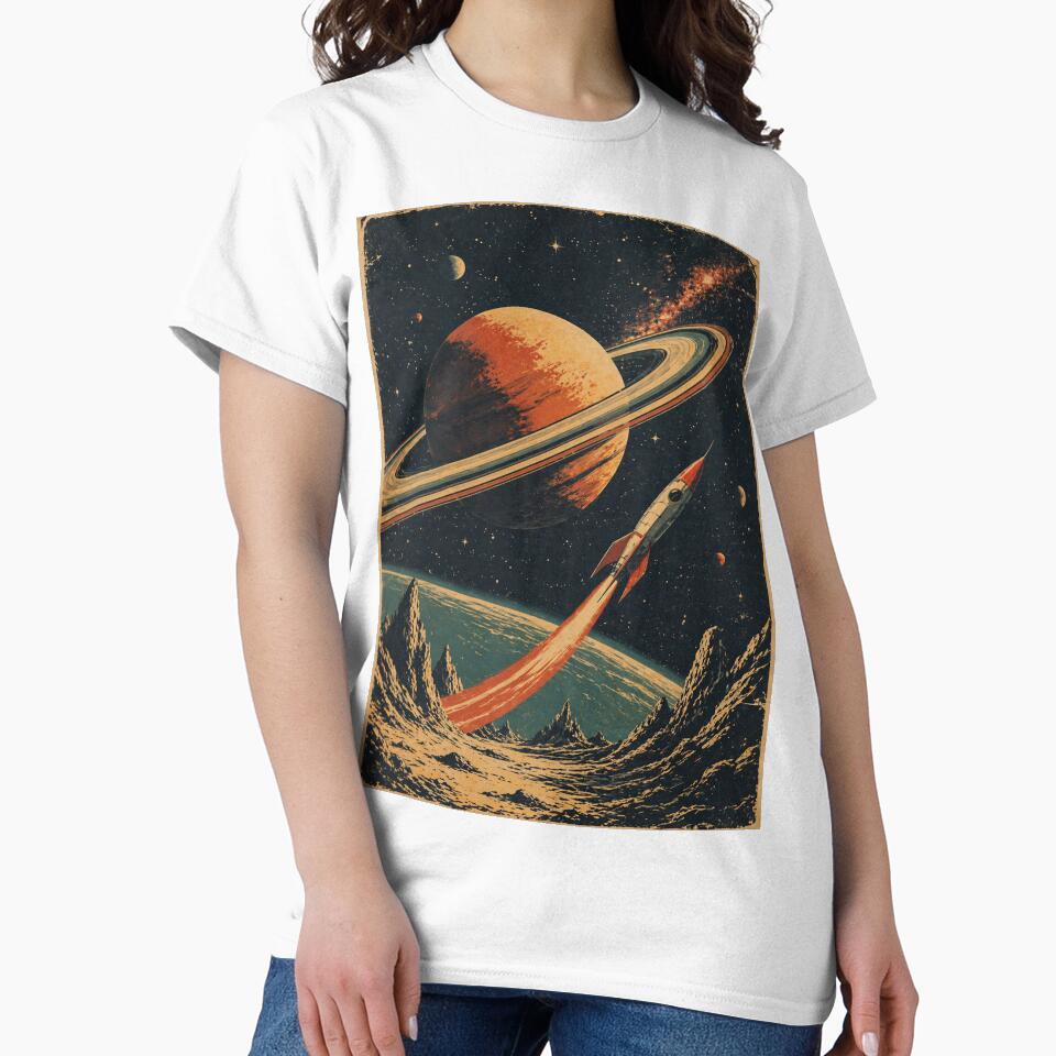 Retro Space Rocket Poster – Vintage Sci-Fi Saturn and Galaxy Illustration by DrizzyV