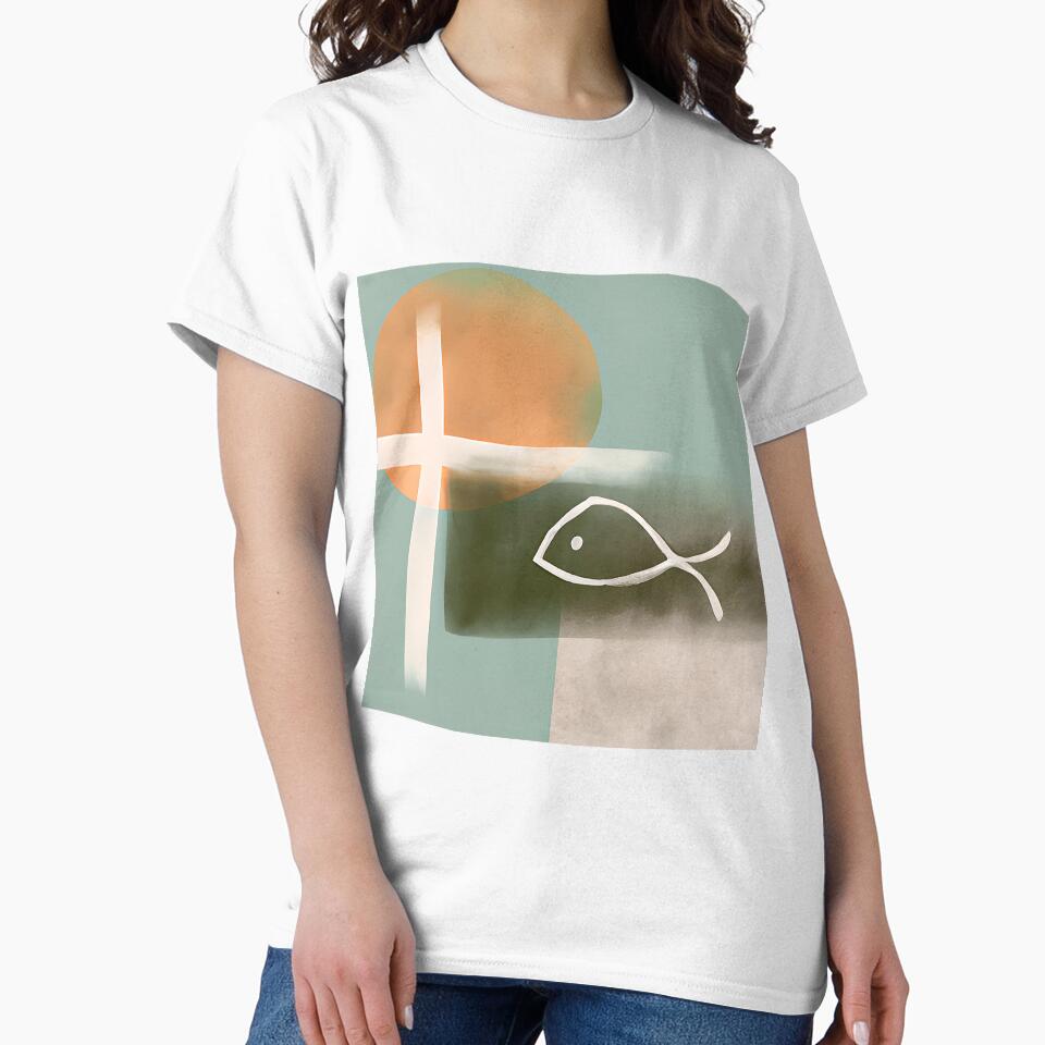 Earth tones cross and fish minimalist art by ibelieveimages