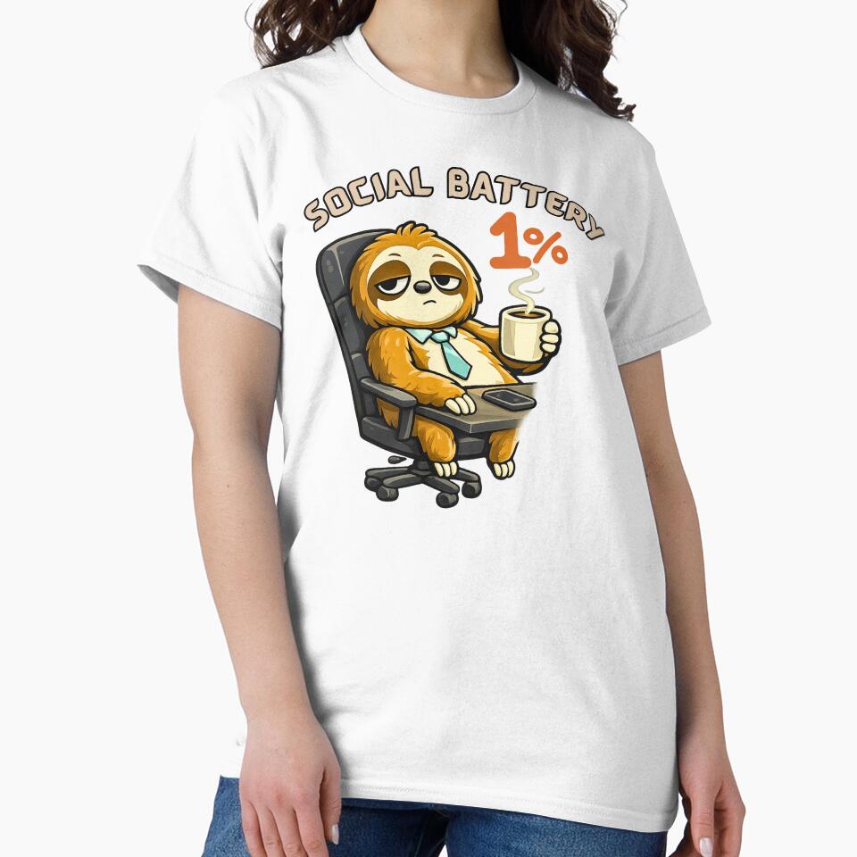 Social Battery 1% Sloth Shirt – Funny Introvert Office Humor Tee by AdicretorDesign