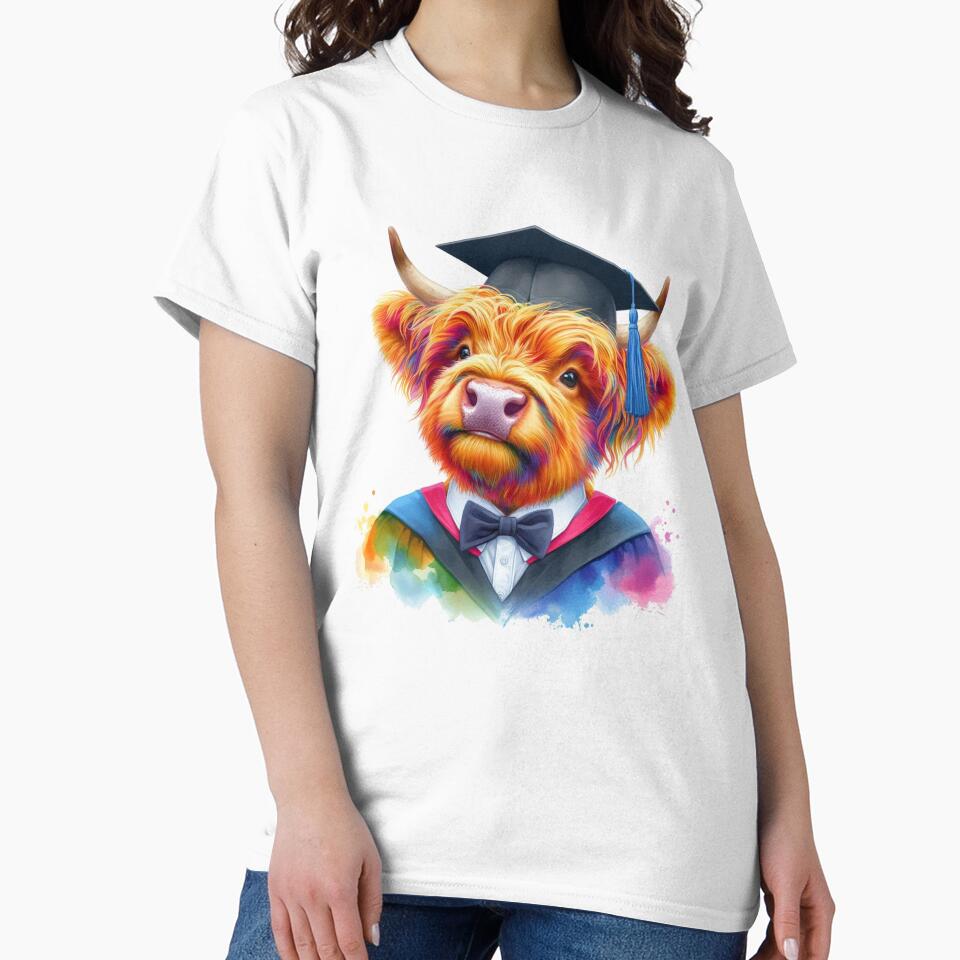 Cute Scottish Highland Cow Calf Graduation Colorful Watercolor by MaedK