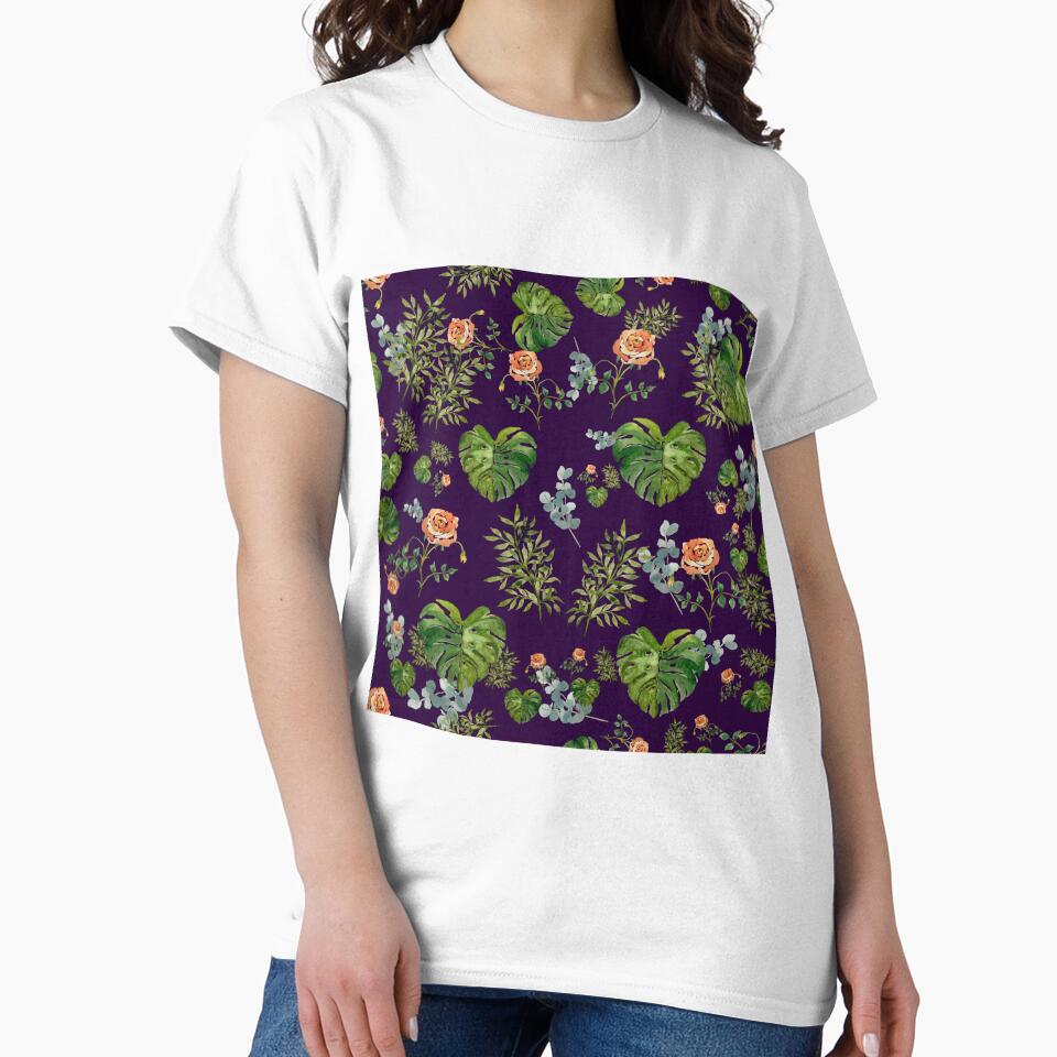 Rose flower palm leaf branch pattern watercolor violet by Yana Mustafina | Boho Soulful Designs