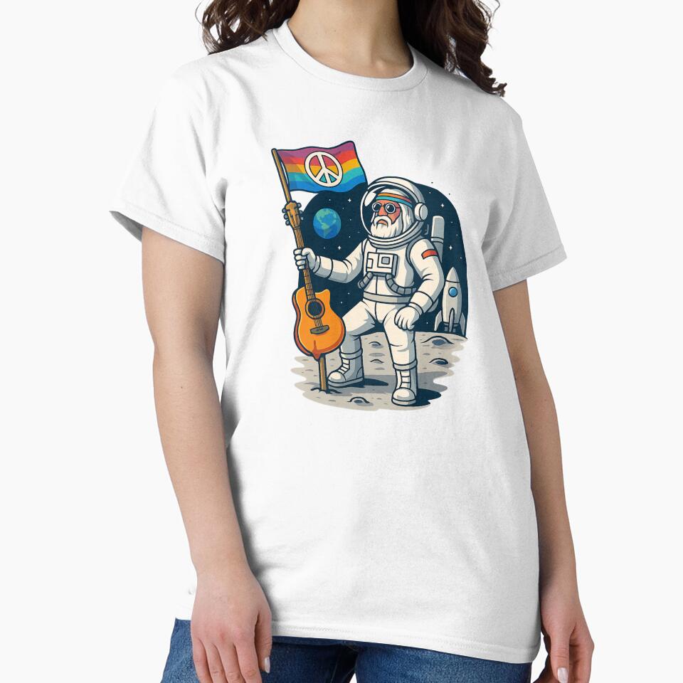 Elderly White Hippie Astronaut – Moon Peace Flag Guitar Design by Lunaria Arts
