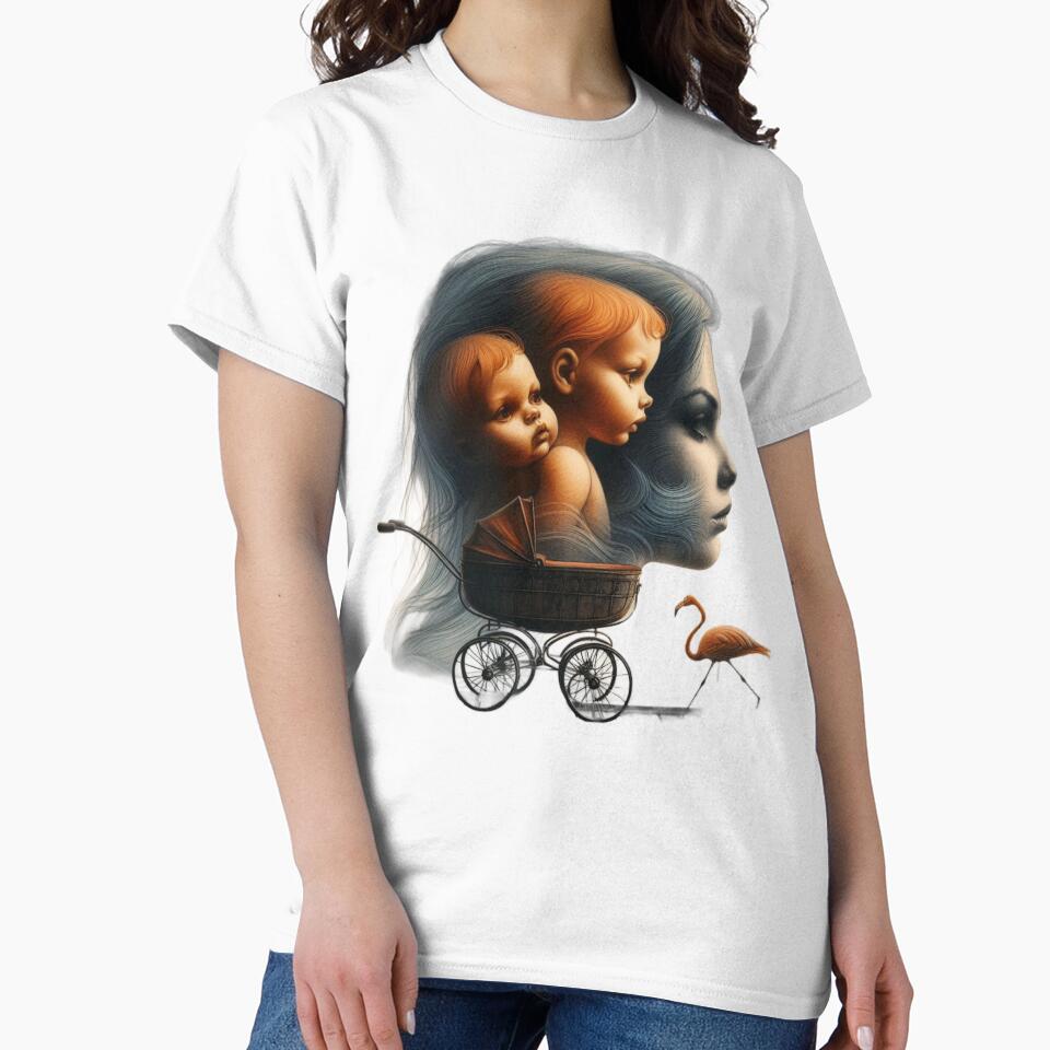 Vintage Twin Babies and Flamingo Motherhood Surreal Art by LujziWorld