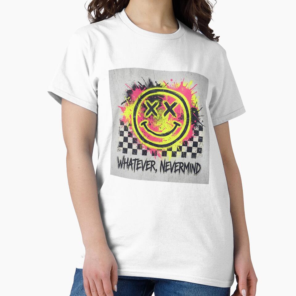 Whatever, Nevermind Shirt | Grunge Smiley Face Y2K Rave Graphic Tee by DmaarGroup