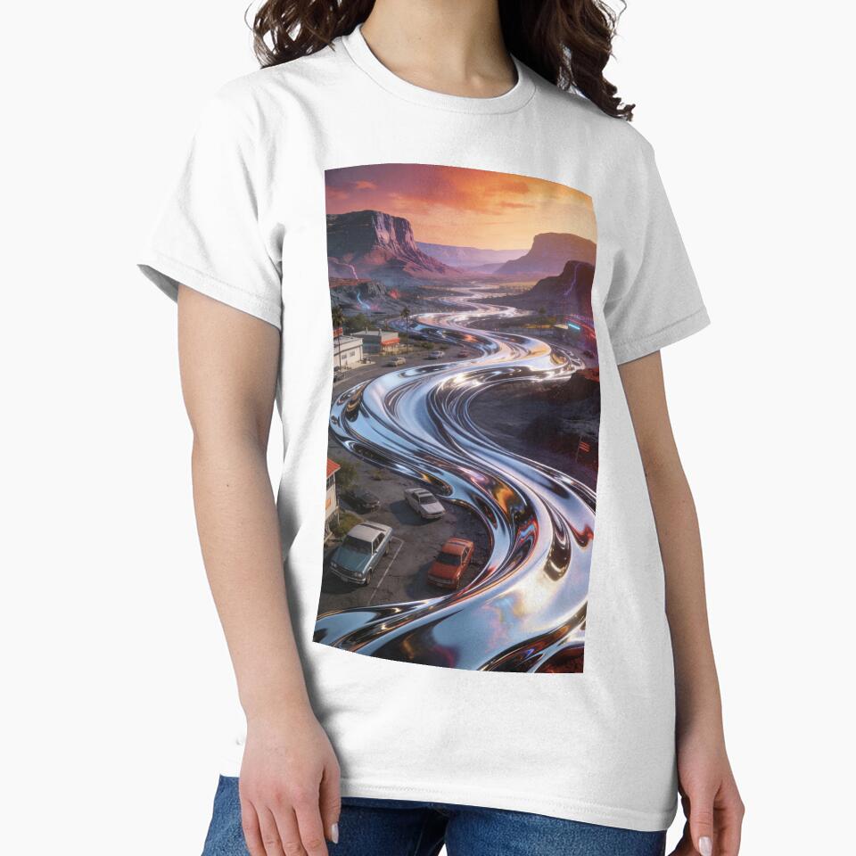 Liquid Chrome Road Trip Art | Retro-Futurism Desert Sunset Landscape | Outrun Vaporwave Aesthetic Poster by Cherrydora