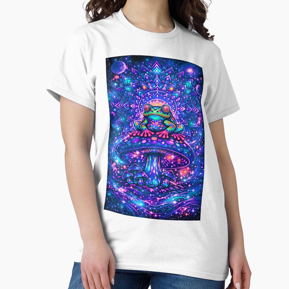 Trippy Cosmic Frog on Magic Mushroom – Psychedelic Mandala Galaxy Frog Art by RustedToad