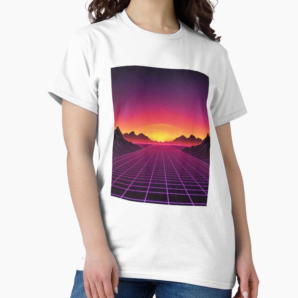 Neon Grid Sunset Synthwave Retro Landscape by RetroWaveArtCo