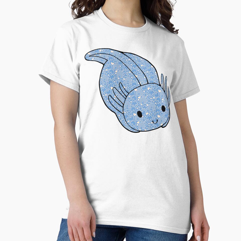 Cute Kawaii Baby Chibi Axolotl in Pastel Blue and Pink Heart and Rainbow Pattern by InkMemories