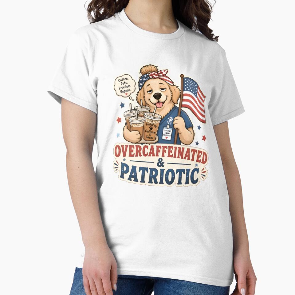 Overcaffeinated & Patriotic Vet Sticker | Funny Veterinary Coffee Dog by Bettybee00