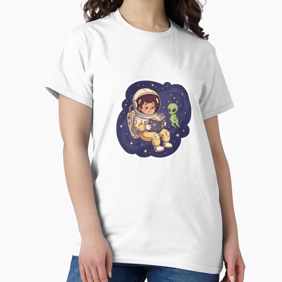 Cozy Retro Space Explorer Sticker - Astronaut with Book & Alien Friend by StickyGuys