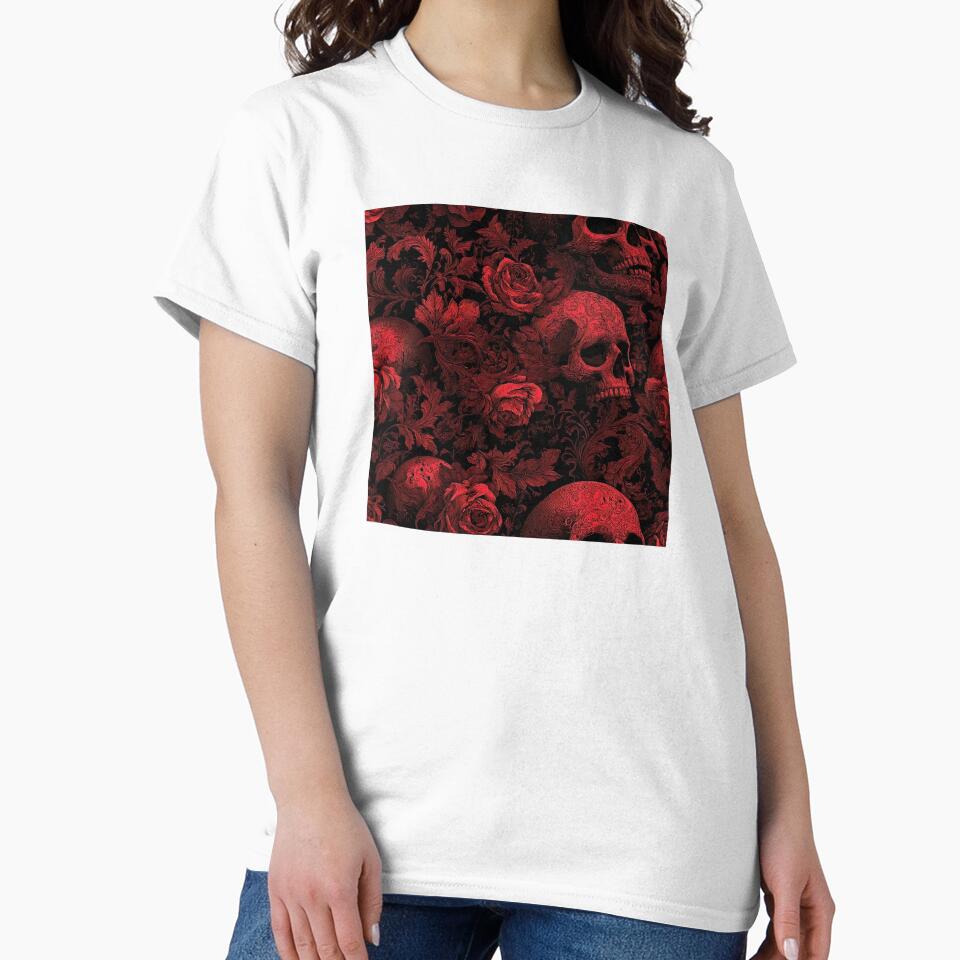 Damask Skulls Pattern - Red and Black Gothic Roses by HausKatz