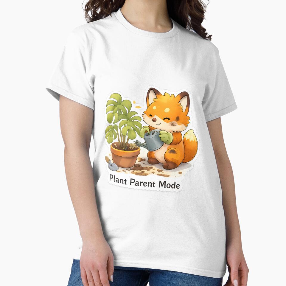 Plant Parent Mode – Cute Kawaii Fox Watering Houseplants Art by Still Breathing Studio