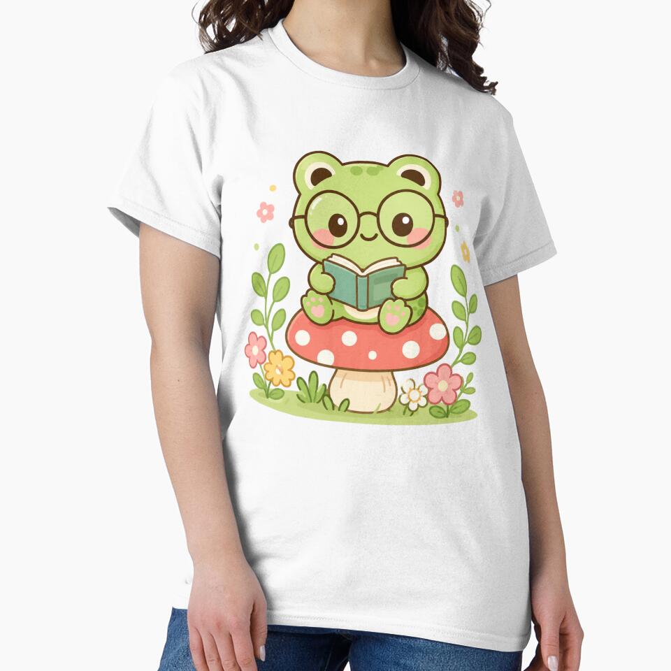 Cute Reading Frog on Mushroom Kawaii Chibi Illustration by ZyloPrints