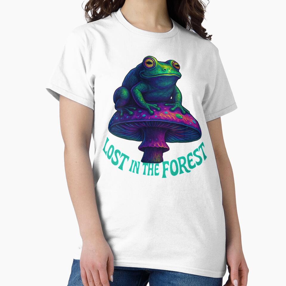 Lost in the Forest – Psychedelic Frog on Mushroom by Tatko Designs