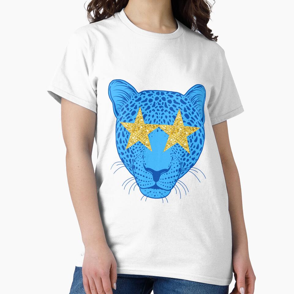 Star eyed preppy cheetah / panther / tiger with gold glittery eyes in blue by SUUSCK ★